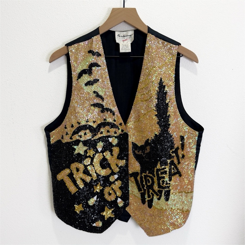 Vtg Fashion Fantasy Halloween Vest Unisex Large*‎ Black Orange Sequins Black Cat